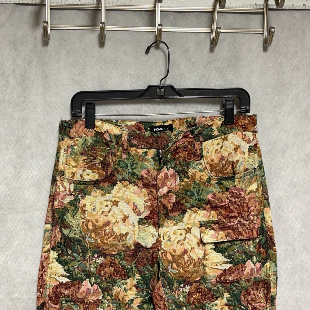 Woven Tapestry Pants Men 32x34 Cargo Floral AOP Stacked Jacquard Slim Flare Punk
